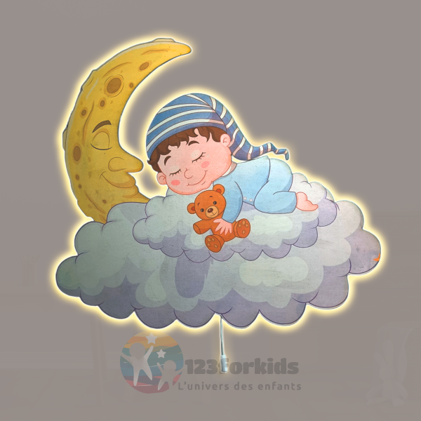 Lampe murale enfant LED – Bébé dormant sur nuage et lune