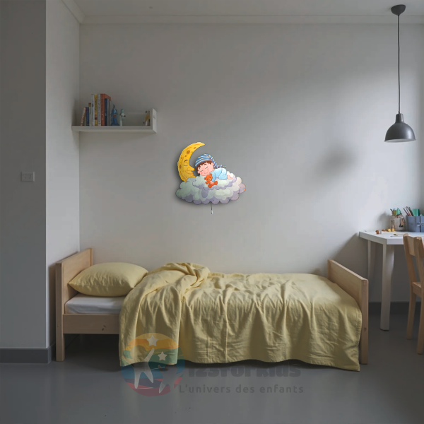 Lampe murale enfant LED – Bébé dormant sur nuage et lune