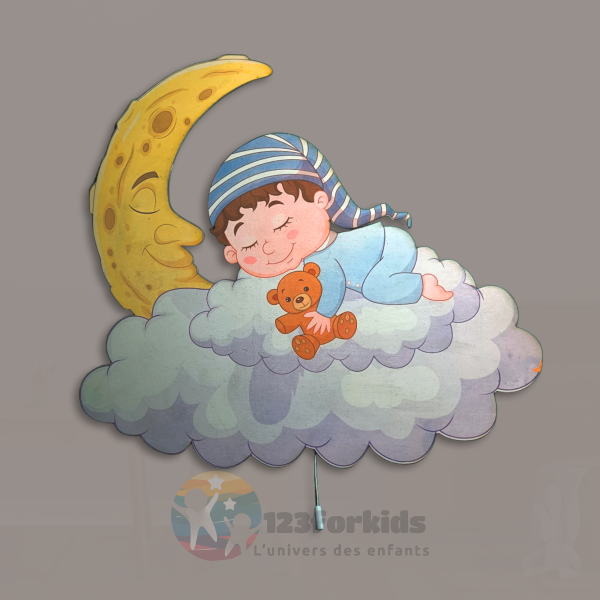 Lampe murale enfant LED – Bébé dormant sur nuage et lune