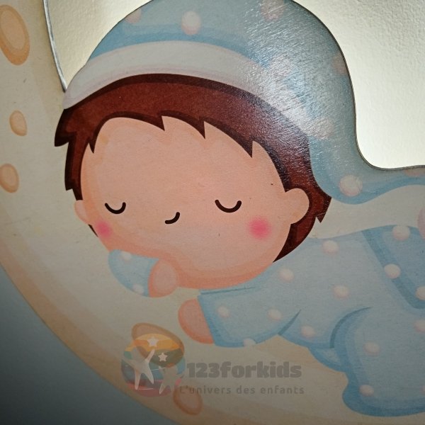 Lampe murale en bois LED pour chambre bébé – Design lune et bébé dormeur – Veilleuse douce et sécurisée – Déco Montessori style nordique