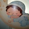 Lampe murale en bois LED pour chambre bébé – Design lune et bébé dormeur – Veilleuse douce et sécurisée – Déco Montessori style nordique