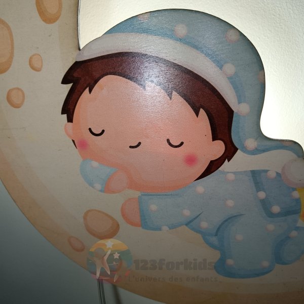 Lampe murale en bois LED pour chambre bébé – Design lune et bébé dormeur – Veilleuse douce et sécurisée – Déco Montessori style nordique