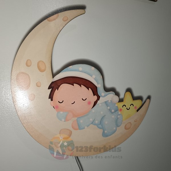 Lampe murale en bois LED pour chambre bébé – Design lune et bébé dormeur – Veilleuse douce et sécurisée – Déco Montessori style nordique