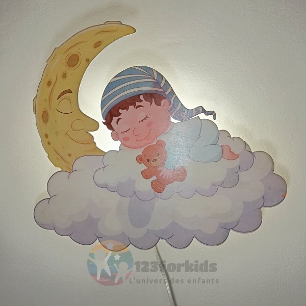 Lampe murale enfant LED – Bébé dormant sur nuage et lune