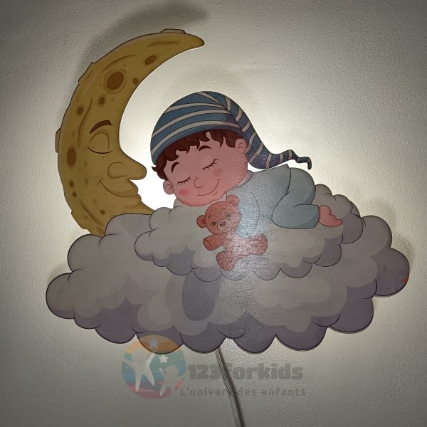 Lampe murale enfant LED – Bébé dormant sur nuage et lune