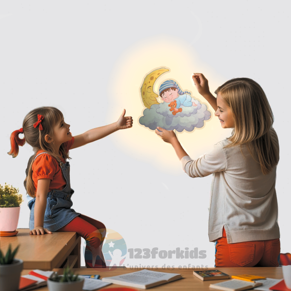 Lampe murale enfant LED – Bébé dormant sur nuage et lune