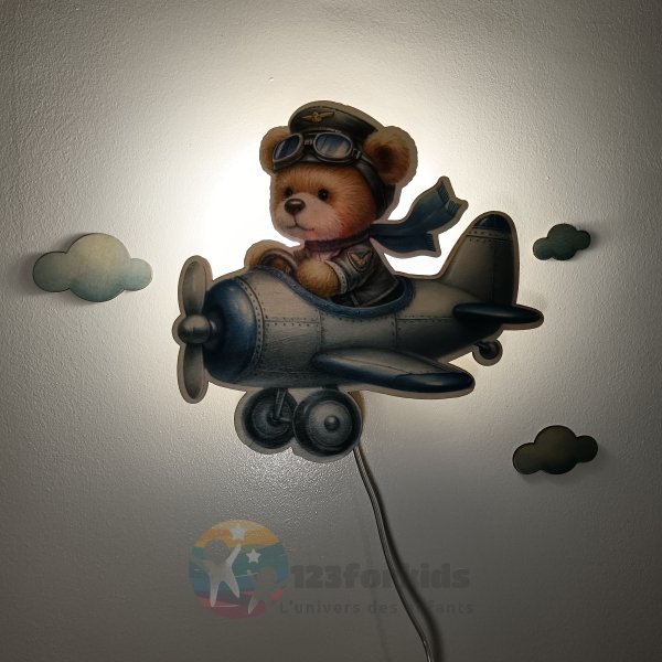 avion Veilleuse LED en bois pour chambre bébé fille garçon lampe murale douce Montessori déco scandinave idée cadeau naissance pe (14) Lampe en Bois pour Chambre d'Enfant – Design Avion avec Ourson Pilote – Éclairage LED Décoratif