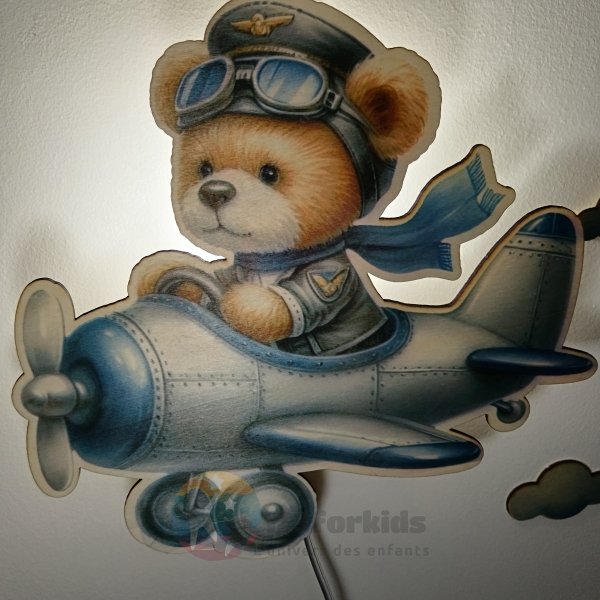 avion Veilleuse LED en bois pour chambre bébé fille garçon lampe murale douce Montessori déco scandinave idée cadeau naissance pe (21) Lampe en Bois pour Chambre d'Enfant – Design Avion avec Ourson Pilote – Éclairage LED Décoratif