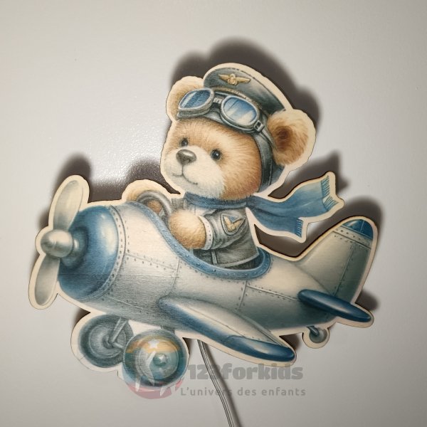 avion Veilleuse LED en bois pour chambre bébé fille garçon lampe murale douce Montessori déco scandinave idée cadeau naissance pe (7) Lampe en Bois pour Chambre d'Enfant – Design Avion avec Ourson Pilote – Éclairage LED Décoratif