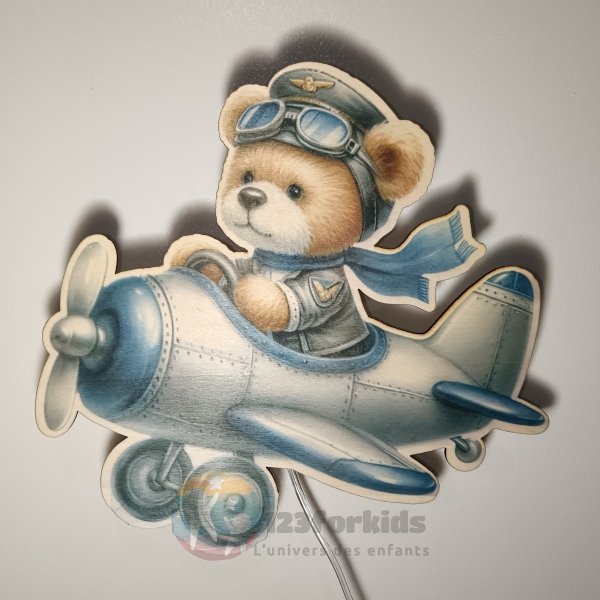 avion Veilleuse LED en bois pour chambre bébé fille garçon lampe murale douce Montessori déco scandinave idée cadeau naissance person ( (5) Lampe en Bois pour Chambre d'Enfant – Design Avion avec Ourson Pilote – Éclairage LED Décoratif
