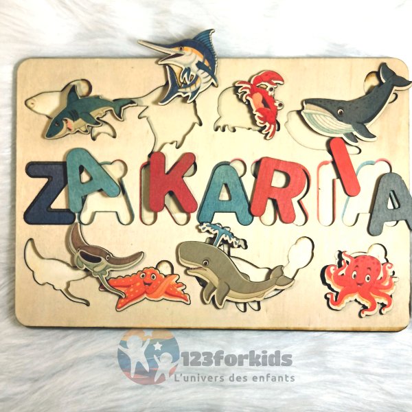 Puzzle prénom Montessori avec animaux sauvages ou domestiques